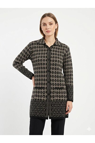 MADAM PARS Women's Black and White Diamond Patterned Buttoned Long Knitwear C...