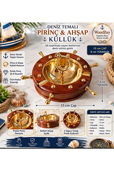 WoodBay Deniz Temalı Pirinç Ahşap Küllük 15 cm Marin Dekor Gemi Dümeni Tasarı...