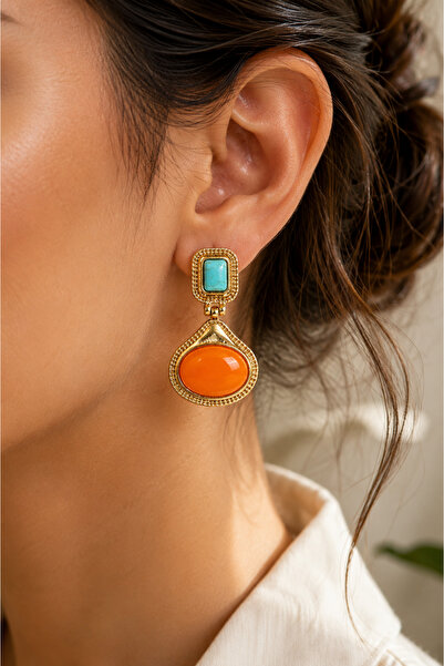 POYASE Burgundy Orange and Yavruağzı Stone Detailed Drop Earrings Special Des...
