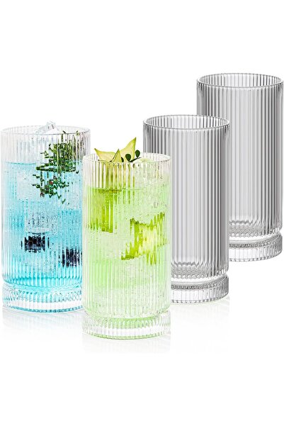 Generic POLIDREAM 16oz Ribbed Glassware, Vintage Drinking Glasses Set of 4, C...