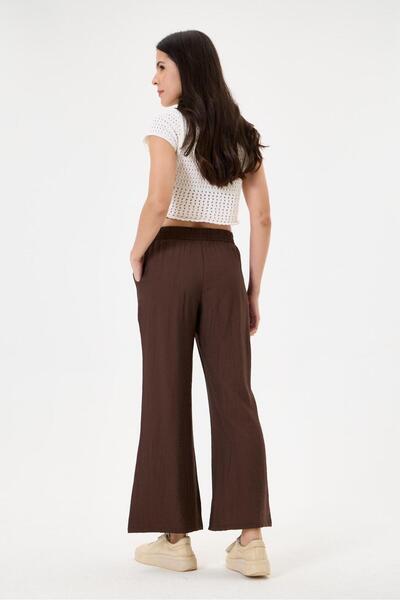 Vesli Women's Strawberry Fabric Palazzp Pants Elastic Waist Pockets Wide Legs Brown