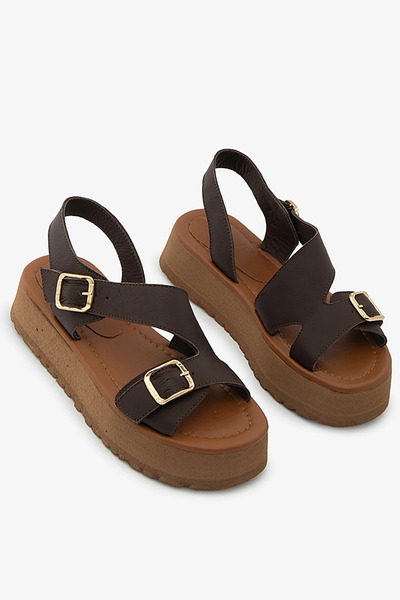 SAYL Brown Genuine Leather Buckle Platform Sole Women's Sandals