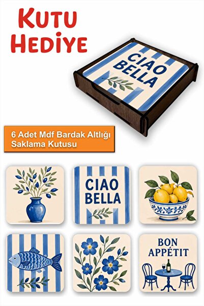 UNT 6-Piece Mdf Coasters with Mediterranean Pattern Decorative Storage Box as...