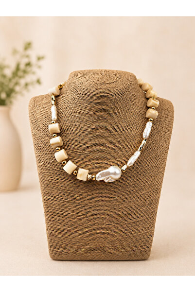 Takıtolia Azriel Cream Stone Pearl Gold Beaded Design Stylish Necklace