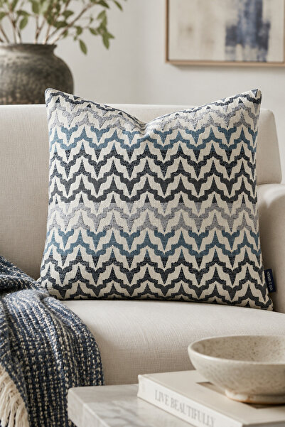 FULY CONSEPT غطاء وسادة 43x43 من RhythmWeave باللون الأزرق والرمادي بتصميم شي...