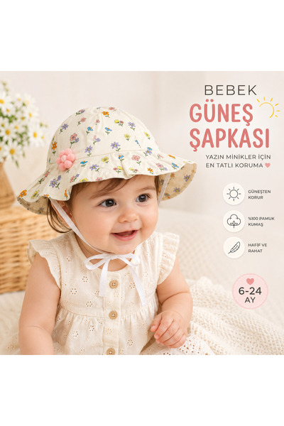 miniboncuk Papatya Aksesuarlı Çiçek Desenli Bebek Güneş Şapkası