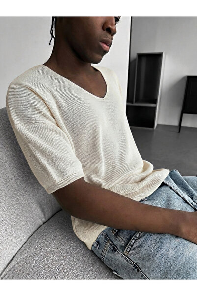 elkumoda Men's Oversize Knitted Knitwear T-Shirt V-Neck Loose Comfortable Cut...