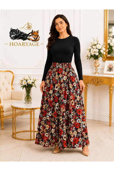 hoaryage Elastic Waist, Vibrant Colored Patterned Viscose Printed Fabric Maxi...