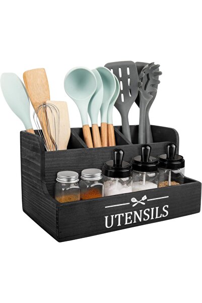 EXRP Extra Large Kitchen Utensils Holder 4 Compartments,Wood Utensil Organize...