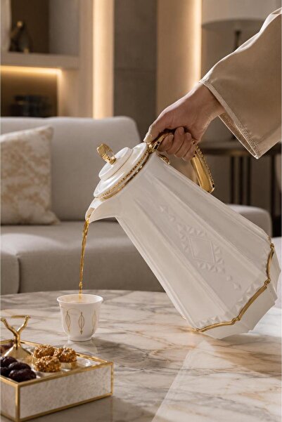 Generic Arabic Coffee Pot "Royal Council" Bright White with Gold Handle Capac...