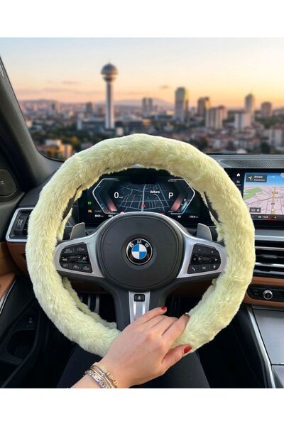 Leila shop SARI PELUŞ GEÇMELİ ARABA DİREKSİYON KILIFI