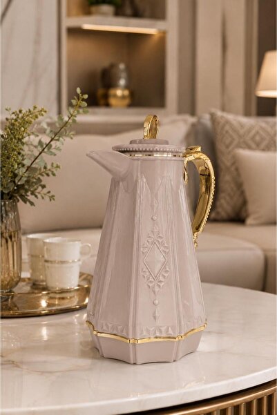 Generic Arabic Coffee Thermos "Royal Council" Warm Beige Color with Gold Plat...