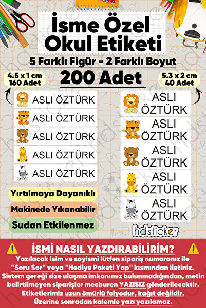 hdsticker 200 Adet Sevimli Hayvanlar Desenli İsme Özel Okul Etiketi Kişiye Öz...