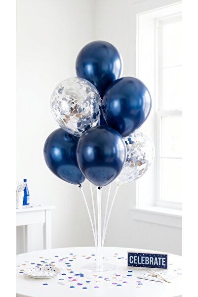 Öz-bal 7-Piece Balloon Stand and Chrome Navy Blue Silver Confetti Balloon Con...