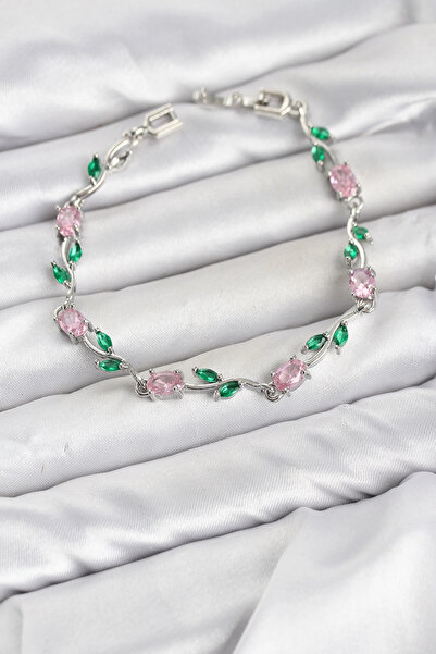 Clariss Brass Silver Color Pink Zircon Stone Flower Model Women's Bracelet