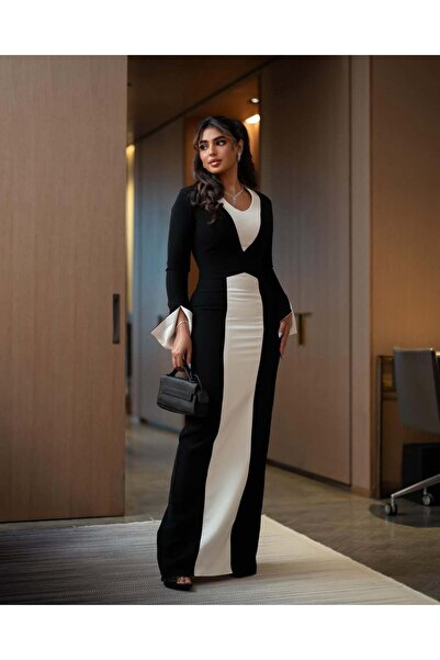 Ayaen Elegant Long Black Dress, Straight Cut, Features a Vertical White Panel.