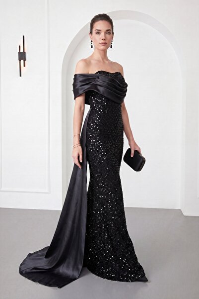 Lafaba Women's Black Strapless Neckline Fishtail Evening Dress