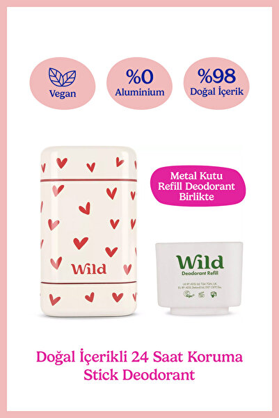 WILD %98 Natural Stick Deodorant Kutu + Refill Paketi - Love Heart Case + Pin...