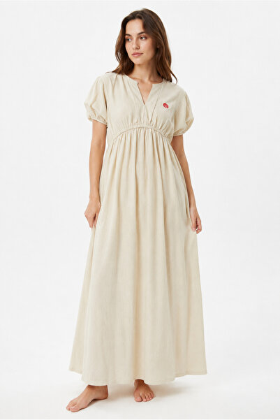 Tusebu Organic Cotton Ecru Balloon Sleeve Long Women's Dress with Gathered De...