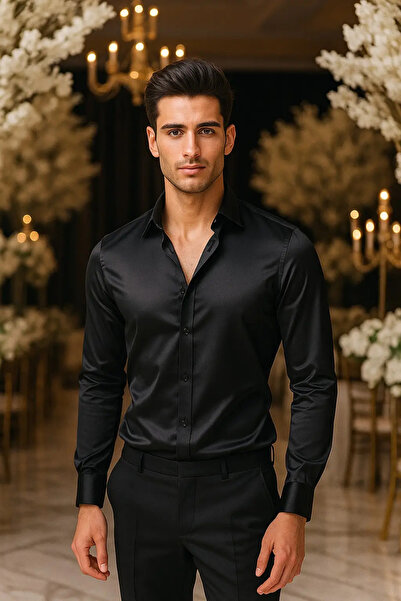 R-Germen Ανδρικό Πουκάμισο Μαύρο – Τύπου Σατέν – Slim Fit — s