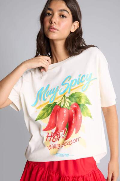 DeFacto Oversize Crew Neck Printed Short Sleeve Ecru T-Shirt I1664Ax26Sm