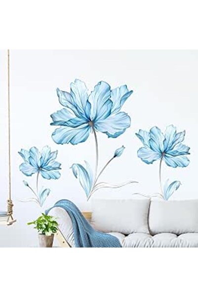 The Bros Translucent Flowers Wall Decals, Light Blue Lotus Floral Wall Sticke...