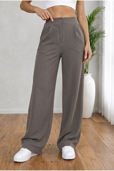 BİKELİFE Women's Gray High Waist Loose Fit Lycra Wide Leg Palazzo Trousers