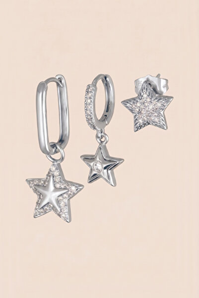 Hetra Silver Colored Zircon Stone Asymmetrical Star Dangle 3-Piece Earring Set