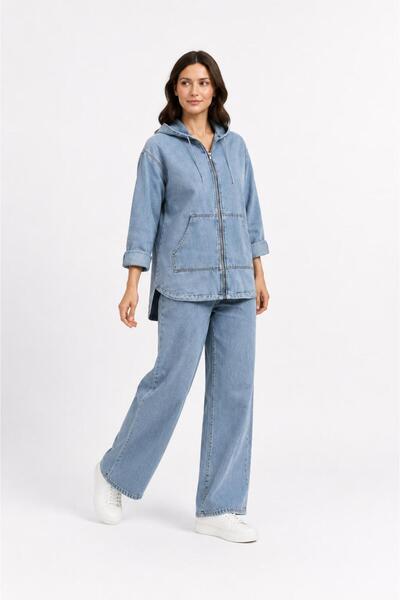motix Kapüşonlu Oversize Ceket ve Bol Paça Pantolon Denim Takım