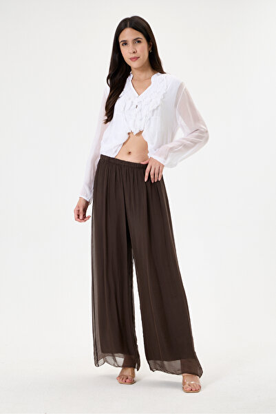 della moor Women's Brown Italian Elastic Waist Wide Leg Silk Trousers Size 38...