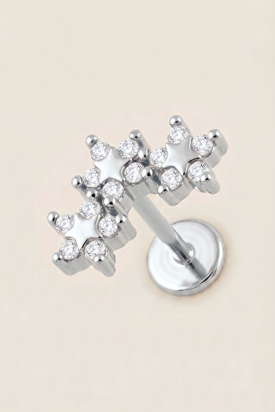 Hetra Gümüş Renkli Cerrahi Çelik Kavisli 3 Çiçek Figürlü Flatback Piercing - ...
