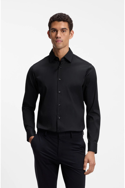 BOSS Men's Regular Fit Flexible Fabric Long Sleeve Black Shirt