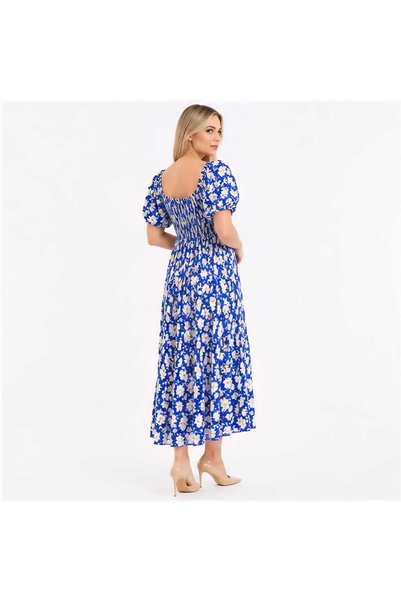 KatarinaShop Women's Floral Patterned Square Neck Balloon Sleeve Dress