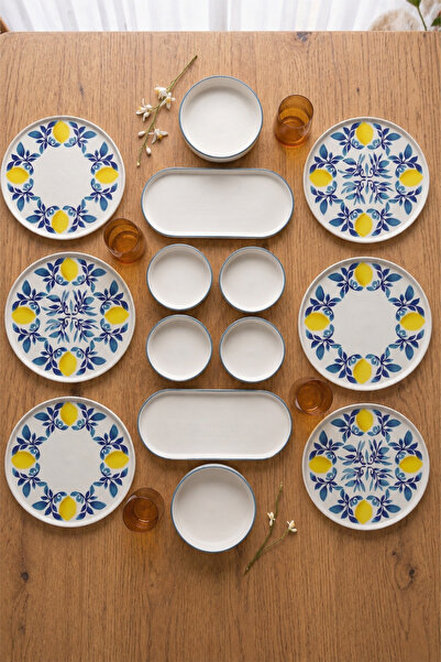 Papart Home Limon 14 Piece 6-Person Handmade Stackable Ceramic Plate Set Prem...
