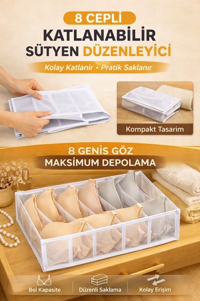 Ferzin 8 Bölmeli Şeffaf Sütyen Düzenleyici Organizer | Katlanabilir File Kumaş İç Çamaşırı Saklama Kutusu | Dolap ve Çekmece İçi Düzenleyici | 36 x 29 x 12 cm
