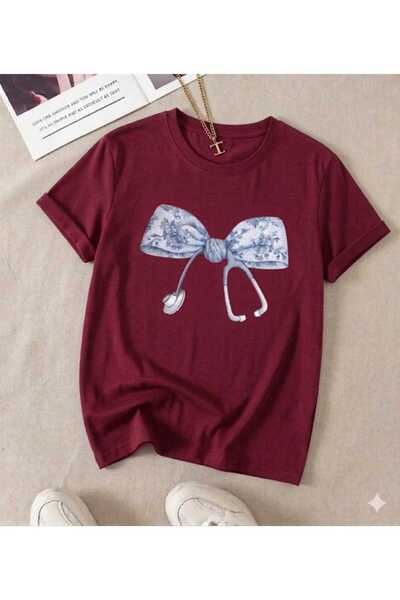 KOZİA OUTDOORS Women's Stethoscope Ribbon Printed Oversized Crew Neck T-Shirt