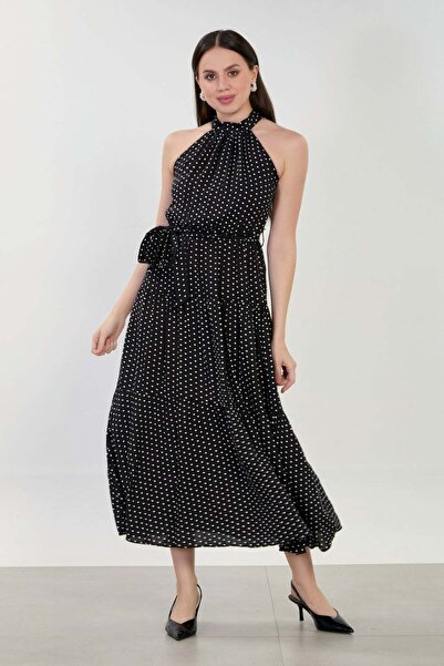 BARRELS AND OIL Women's Halter Neck Polka Dot Long Dress - Black