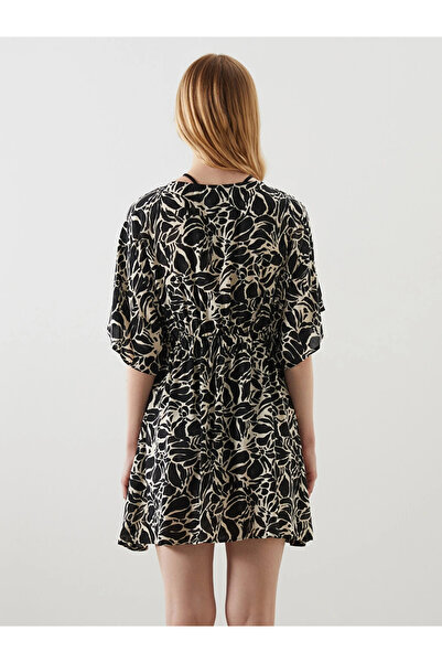 LC Waikiki Black V-Neck Patterned Women's Beach Dress