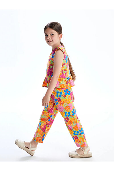 LC Waikiki Orange Crew Neck Floral Girls' Blouse and Trousers 2-Piece Set