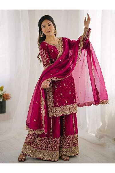 MYSMAR Rani Pink Fendy Silk Embroidered Palazzo Set-HRT8883-Rani Pink