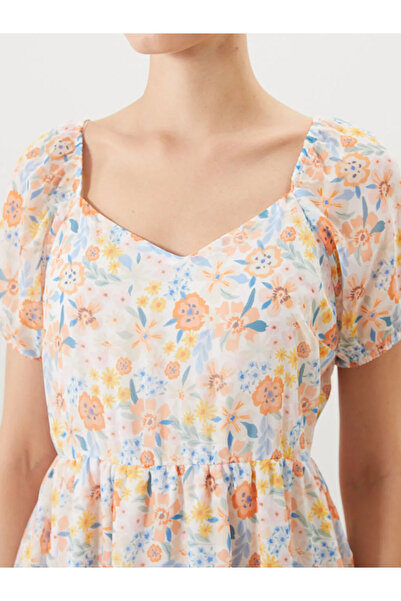 LC Waikiki Yellow heart collar floral balloon sleeve dress