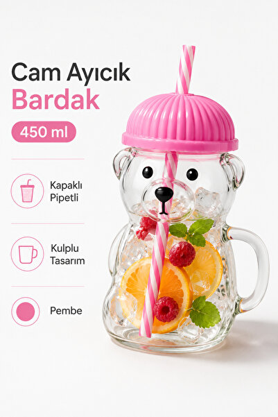 DolphFin Sihirli Cam Ayıcık Bardak 450 ml Kapaklı Pipetli Cam Kupa Ayı Figürl...