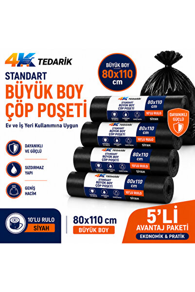 4K TEDARİK Standart Büyük Boy Çöp Poşeti 80x110 cm 10'lu 5 Rulo | Ev ve İş Ye...