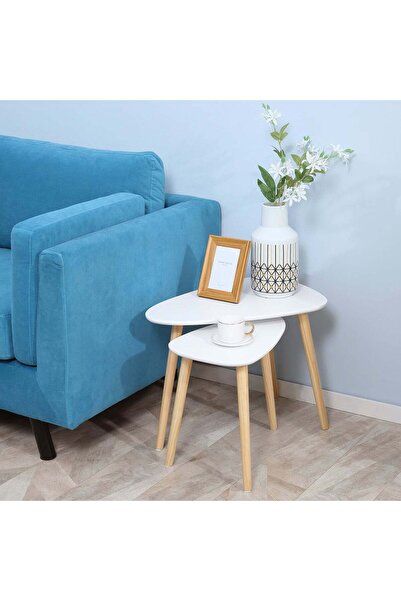 Vivendo Set 2 masute de cafea stil nordic, design modern, MDF si lemn , alb si