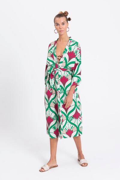 BSL Keten Karışımlı Desenli Kimono