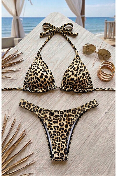 ILG Costum de Baie Damă din 2 Piese cu Imprimeu Leopard, Model Cupe Triunghiu...