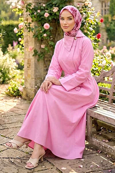 TOFİSA Düğmeli Kemerli Elbise Pembe - 28535-PEMBE