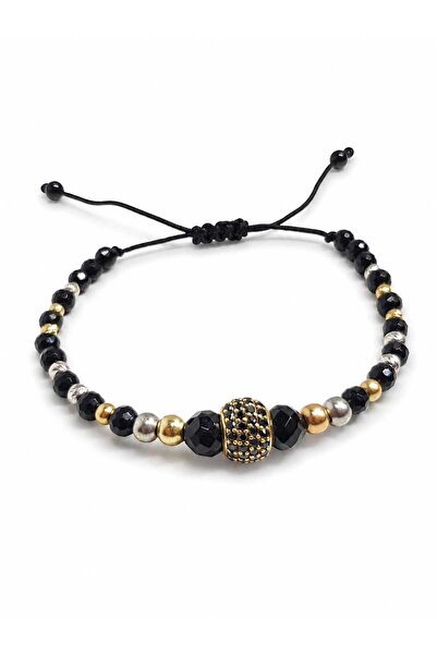 Aur 585 Brățară unisex reglabilă cu onix și aur galben/alb 14k, charm cu piet...