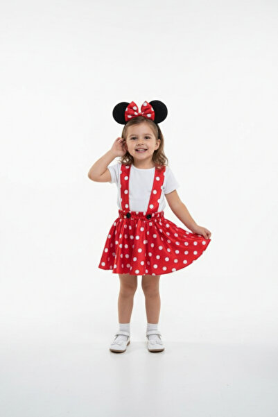CutieCase Kız Çocuk Kırmızı Puantiyeli Kloş Minnie Mouse Günlük Elbise & Taç ...