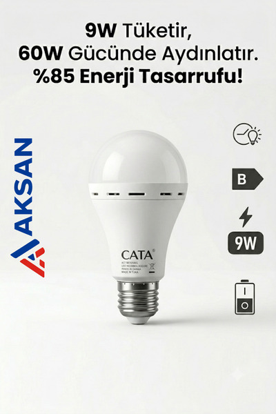 Cata CT-4229 Şarjlı Led Ampul 9W (60W Eşdeğer) 8 Saat Kesintisiz Beyaz Işık 6...